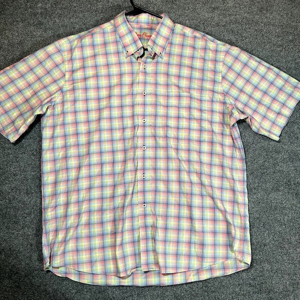 Alan Flusser Mens XL Multicolor Plaid Short Sleeve Button Down Shirt 100% Cotton